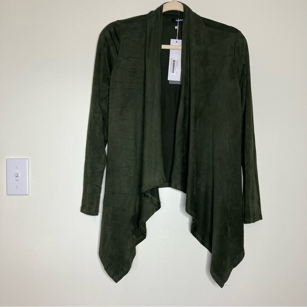 NWT GeeGee Vegan Suede olive green open waterfall front cardigan S